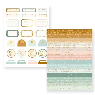 Folha de etiquetas autocolantes coloridas com frases em espanhol e diferentes designs