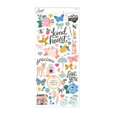 Folha de autocolantes com flores, borboletas, animais, objetos e frases em inglês coloridas.