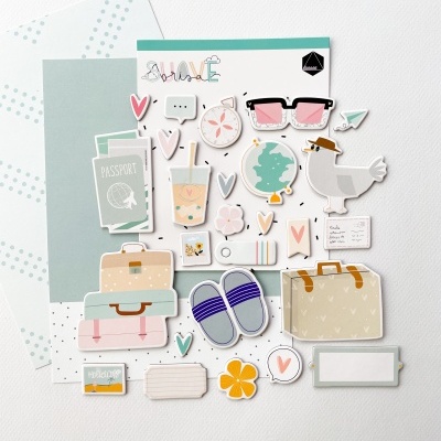 Autocolantes de papel temáticos de viagem e verão com vários ícones coloridos