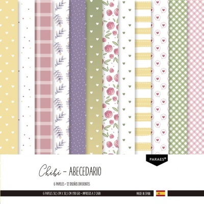 Papéis decorativos coloridos para scrapbook com vários padrões e embalagem 'Chibi - ABECEDARIO'
