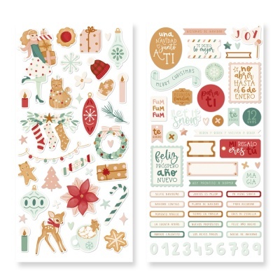 Autocolantes de Natal com personagens, ornamentos e frases em castelhano.