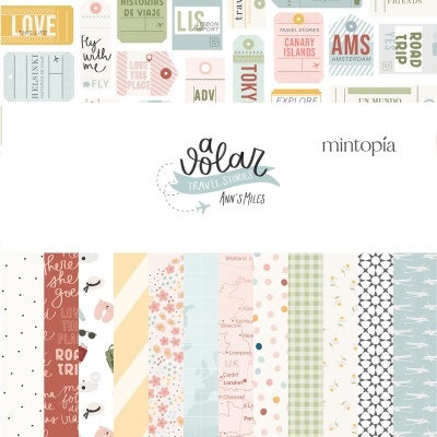 Papel decorativo com padrões variados e texto relacionado a viagens