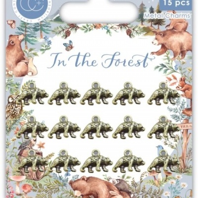 Conjunto de 15 pendentes metálicos em forma de ursos numa embalagem decorada com desenhos da floresta