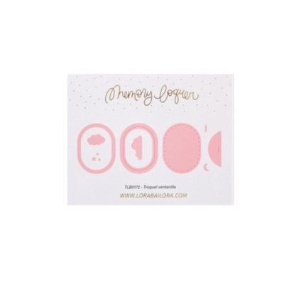 Cartão branco com recortes ovais rosa e texto dourado 'Memory Loguer'