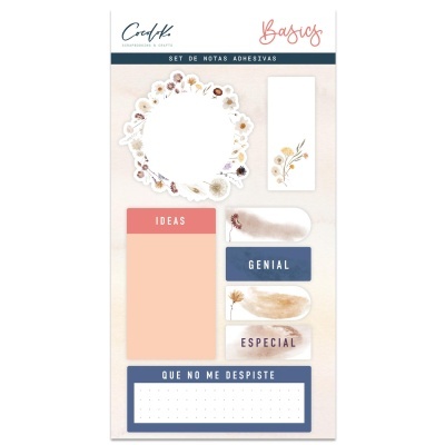 Conjunto de notas adesivas com padrões florais e textos em espanhol