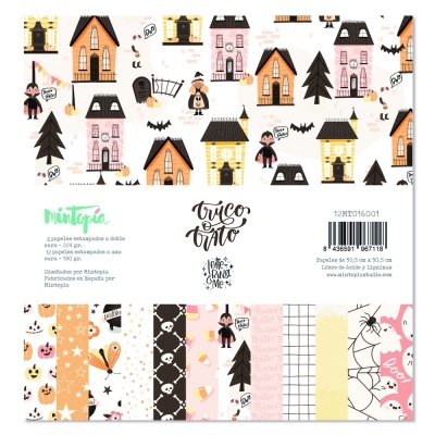 Folha decorativa para artesanato com padrões de Halloween e texto decorativo