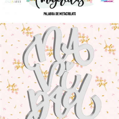 Palavra decorativa 'MAMÁ DAD' em metacrilato branco sobre fundo rosa com padrão floral