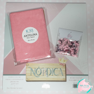 Conjunto de tecido rosa, lantejoulas cor-de-rosa e fundo decorativo com texto NÓRDICA para scrapbooking