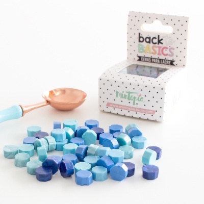 Ceras para lacre azuis com embalagem e colher de lacre