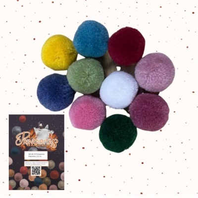 Conjunto de pompons coloridos com embalagem preta e código QR