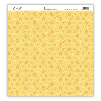 Folha de papel decorativo amarelo com padrão floral e texto na parte superior