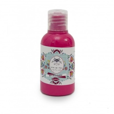 Frasco de plástico rosa com tampa transparente e rótulo decorativo floral