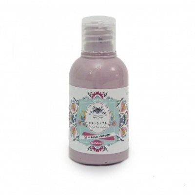 Frasco pequeno de plástico rosa com rótulo floral e texto Solução Vinílica