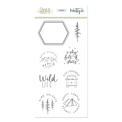 Selos em acrílico com desenhos de natureza e frases temáticas de campismo.