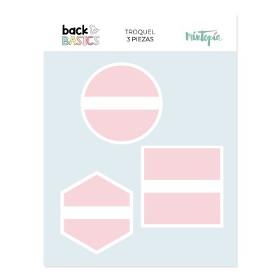 Conjunto de três troqueles geométricos rosa com linhas brancas, embalagem da Mintopia e texto em espanhol