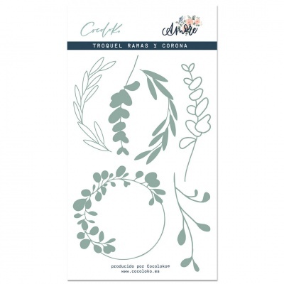 Troquel de metal com desenhos de ramos e coroa de folhas em embalagem com etiqueta