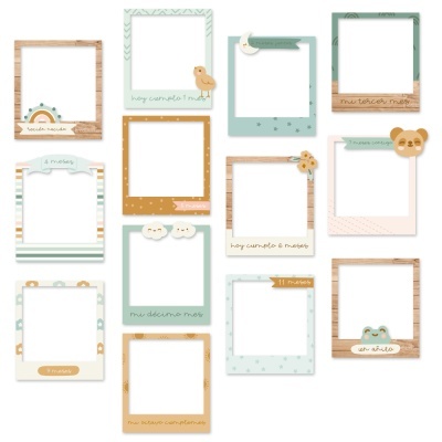 Doze molduras infantis coloridas para fotos ou notas com elementos decorativos e textos em português.