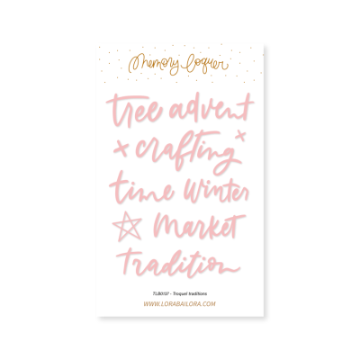 Caderno branco com texto em rosa e dourado e pontilhado no topo