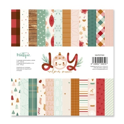 Conjunto de papel decorativo para Natal com diversos padrões coloridos e embalagem com texto e código de barras.