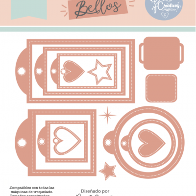 Troqueles decorativos cor de rosa claro com formatos variados e texto informativo em fundo pastel