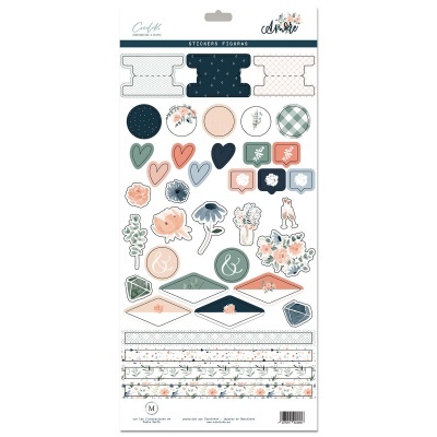 Folha de autocolantes decorativos coloridos com padrões florais e formas variadas