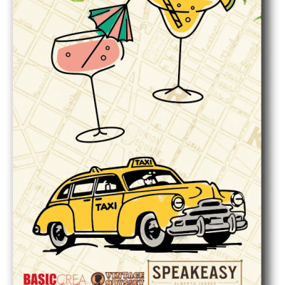 Ilustrações de táxi amarelo, dois cocktails e flores sobre fundo com padrão de mapa.