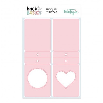 Conjunto de 2 peças de troquel rosa com recortes círculo e coração em embalagem branca