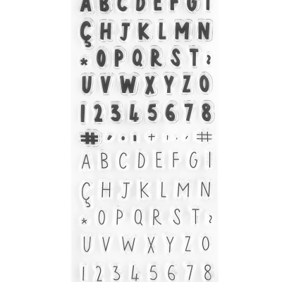 Conjunto de autocolantes transparentes de letras e números em preto e vermelho