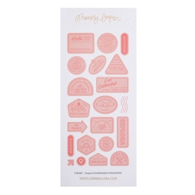 Conjunto de autocolantes em tom rosa coral com temas de viagens e exploração