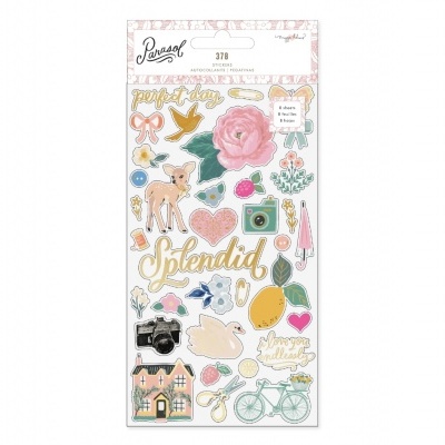 Folha de autocolantes coloridos com desenhos variados e palavras inspiradoras