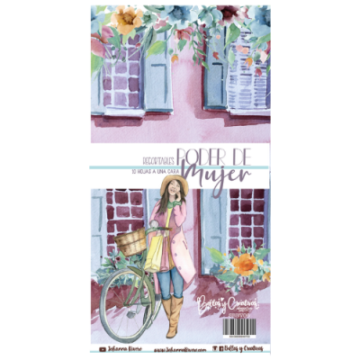 Capa com ilustração feminina, bicicleta, janelas e flores em tons pastel.