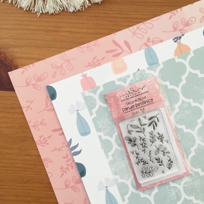 Selo de acrílico com desenhos botânicos em embalagem sobre papéis decorativos