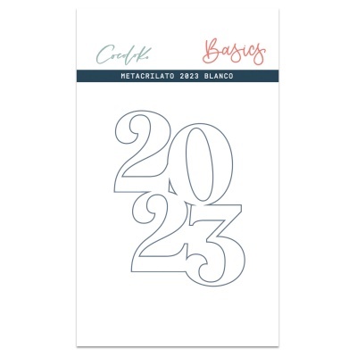 Produto branco com números 2023 contornados e texto Metacrilato 2023 Blanco