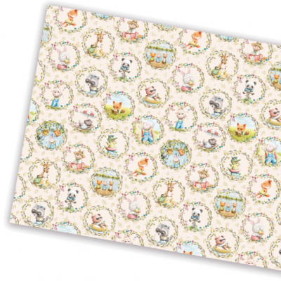 Tecido com padrão de desenhos infantis de animais em molduras circulares