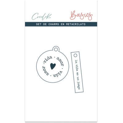 Set de charms em metacrilato com mensagens em espanhol