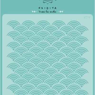 Stencil azul com padrão de ondas e embalagem com texto FRIDITA Viva la vida