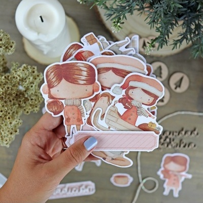 Autocolantes de personagens femininas de inverno em papel com etiqueta rosa