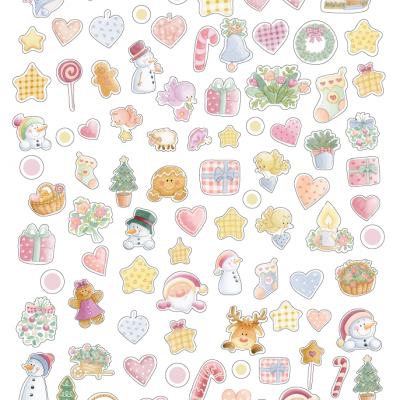 Autocolantes natalícios coloridos com vários motivos festivos e padrões em tons pastel