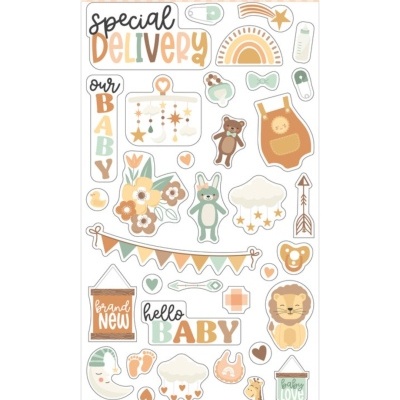 Conjunto de adesivos em chipboard para bebé com textos variados em tons pastel