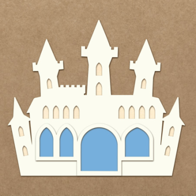 Recorte branco de castelo com janelas azuis sobre fundo castanho