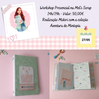 Workshop de scrapbooking com caderno Midori verde pastel e interiores decorados em rosa e azul