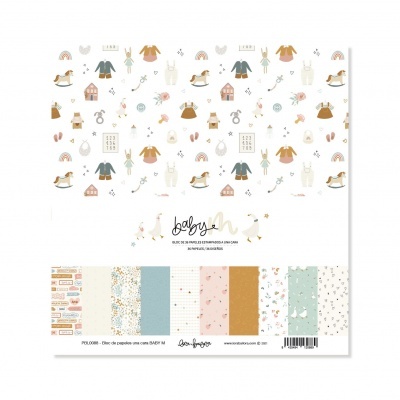 Folha de papel decorativo com estampas infantis várias e padrões coloridos