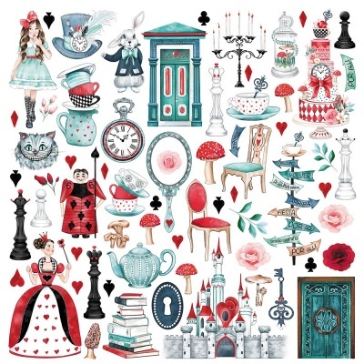 Ilustrações aquareladas de Alice no País das Maravilhas com personagens, objetos e símbolos de cartas.