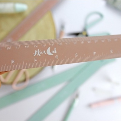 Régua plástica rosa com texto 'AluaCid' e marcações em cm com fundo de objetos escolares desfocados