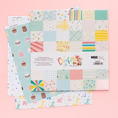 Papel decorativo Confetti em vários padrões coloridos e infantis