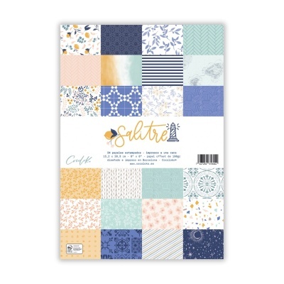 Conjunto de folhas de papel decorativo com padrões coloridos e embalagem com texto Saltré