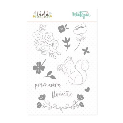 Kit de carimbos com desenhos de flores, esquilo e palavras primavera e florecita