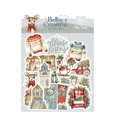 Recortes natalícios decorativos com suéteres, casas, veados e frases festivas.