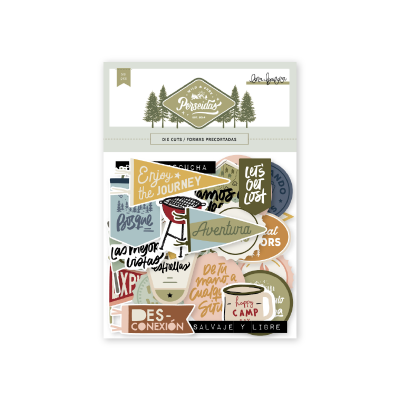 Pacote de autocolantes coloridos com frases em inglês e espanhol e um cabeçalho com desenho de árvores