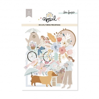 Conjunto de formas precortadas com ilustrações pastel e texto em embalagem branca.